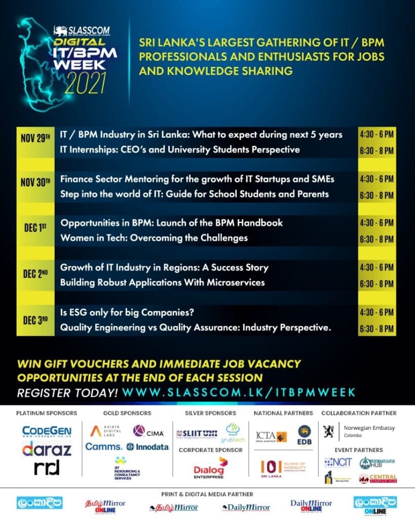Programme poster for SLASSCOM Digital IT/BPM Week 2021, listing sessions from 29 November to 3 December, with NCIT shown as an event partner